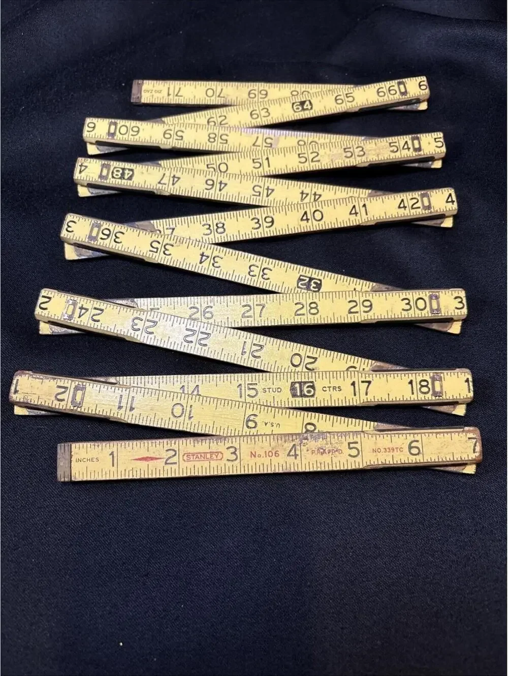 Lot of 2 Vintage 72" 6ft Folding Wooden Rulers STANLEY Tools Zig Zag Yellow - Picture 3 of 8